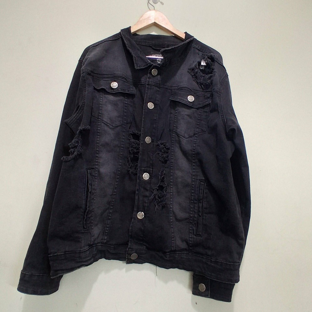 Encrypted Mens L Distressed Pop Art Graphic Denim Jacket Black E981340-BW-C12